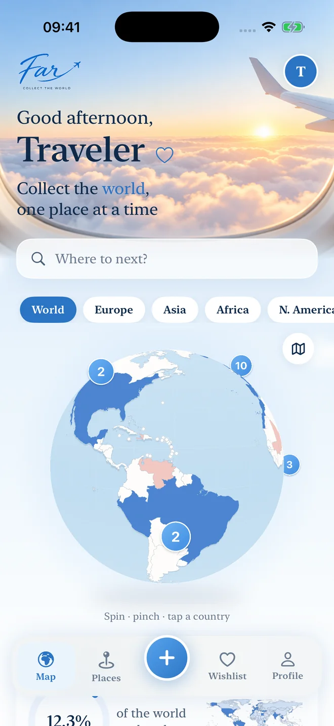 far home screen with a travel globe