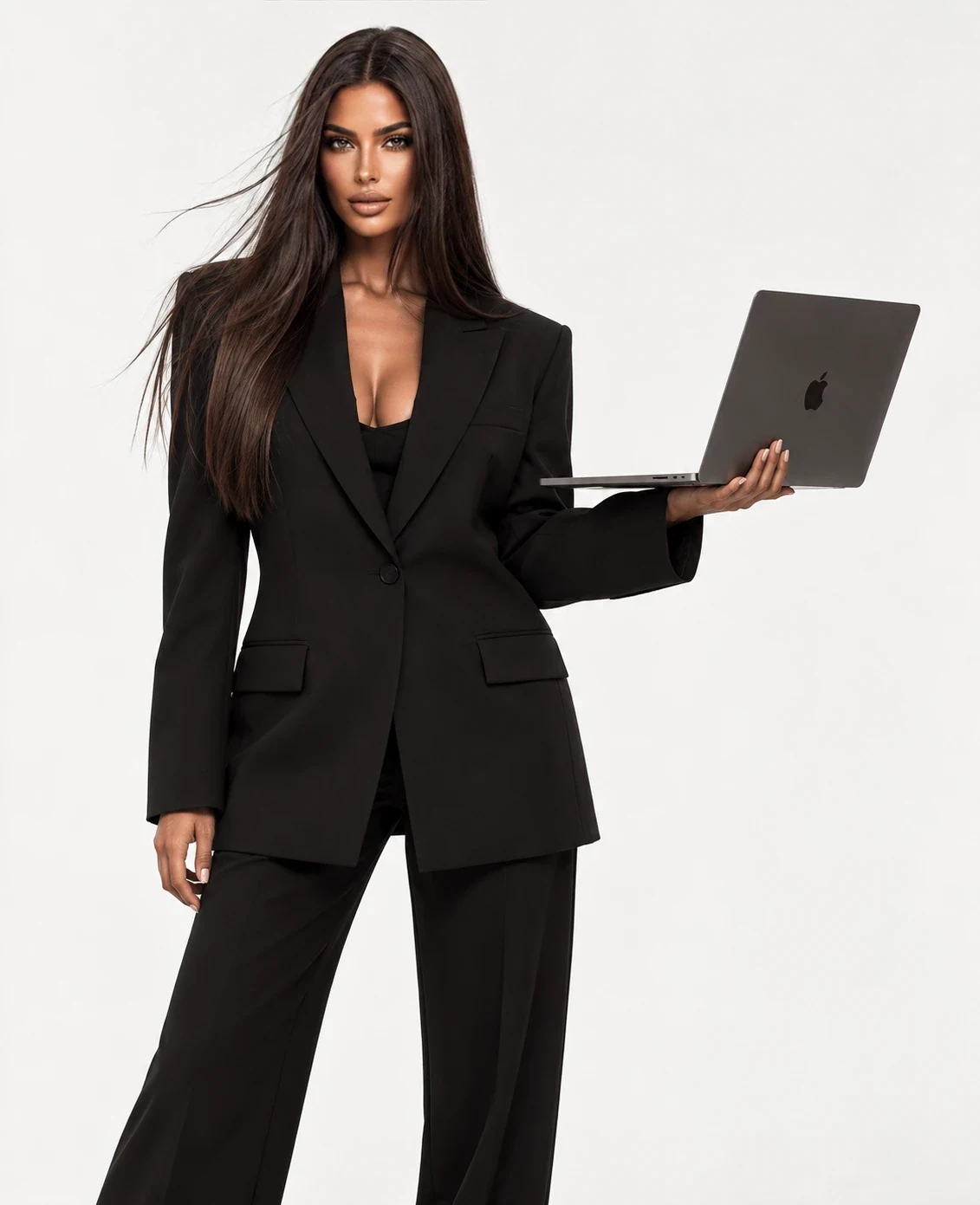 Karina Wagner in a black suit holding a laptop